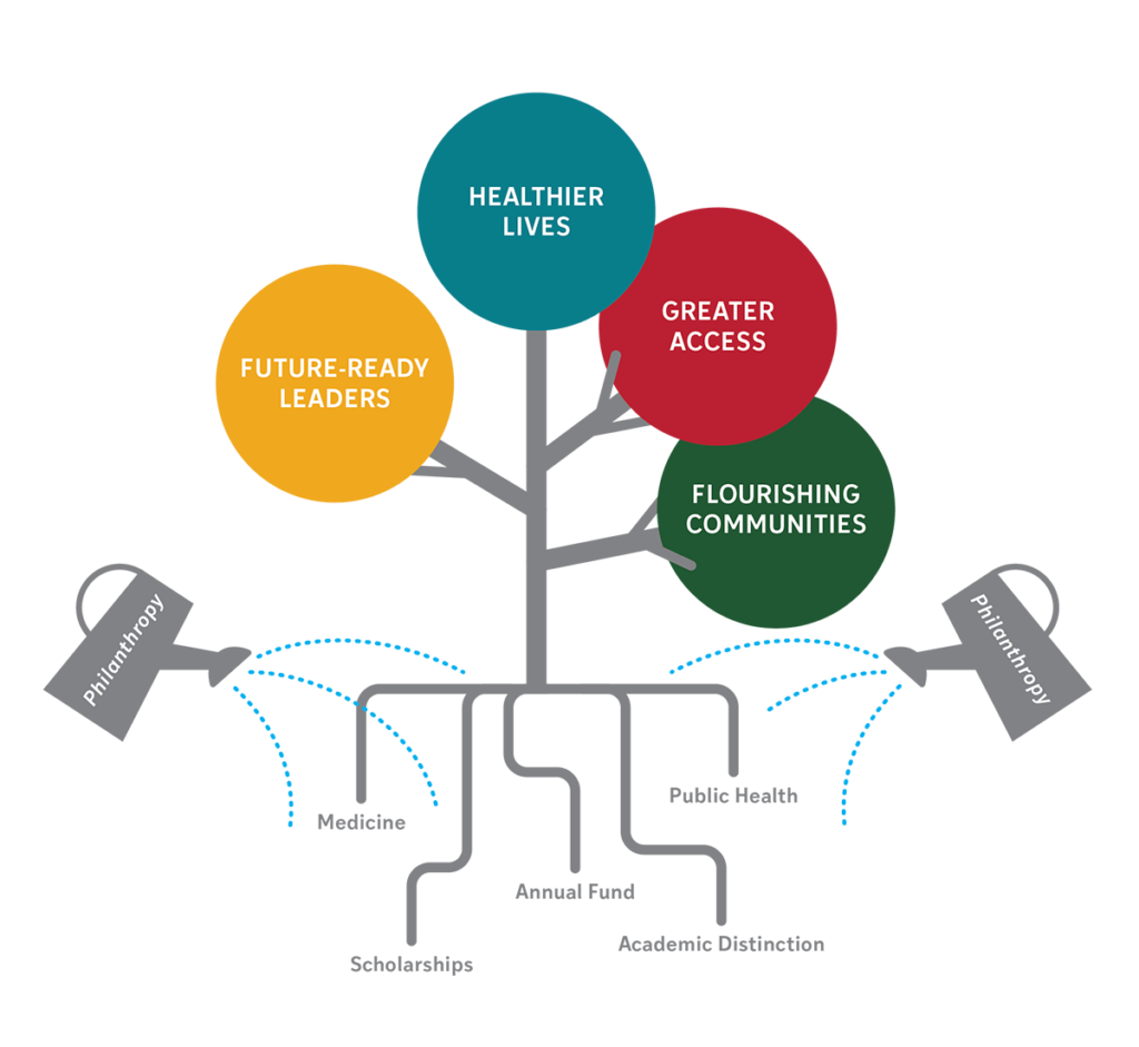 graphic of tree with four circles (priorities) being watered by philanthrophy