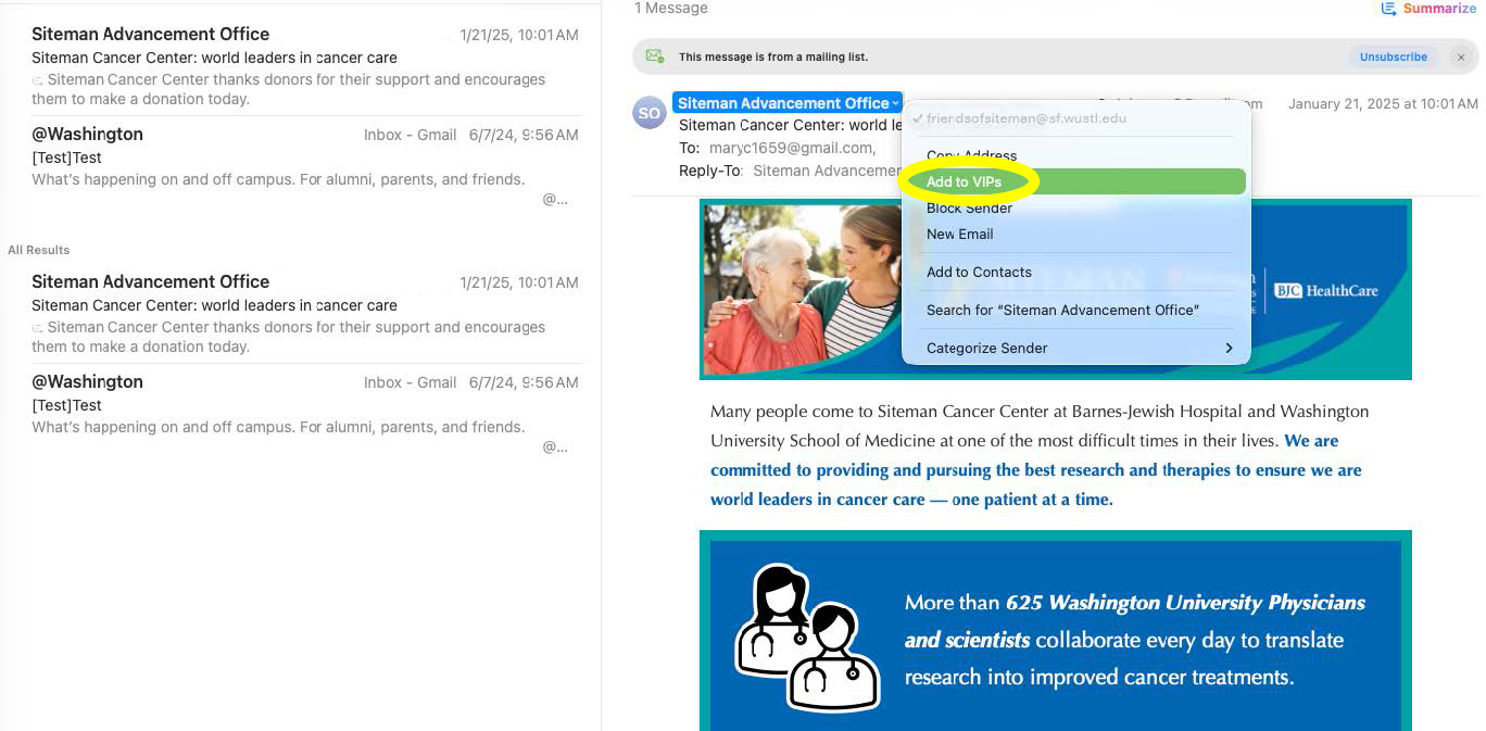 screenshot of apple mail with Add to VIPs highlighted