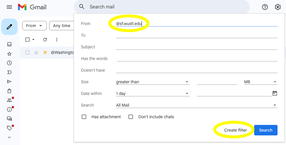 screenshot of gmail with from field and create filter boxes highlighted