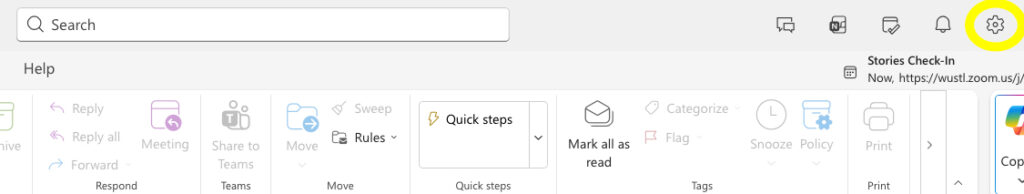 screenshot of top of Outlook email with gear icon highlighted