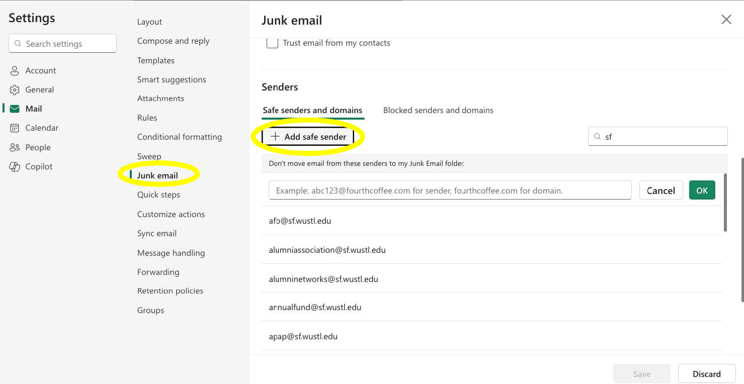 screenshot of Outlook email with Junk email and Add safe sender highlighted