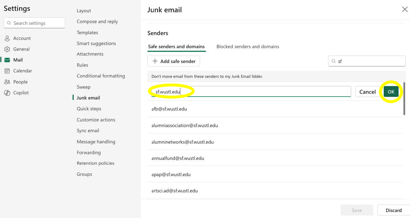screenshot of Outlook email with sf.wustl.edu and OK highlighted