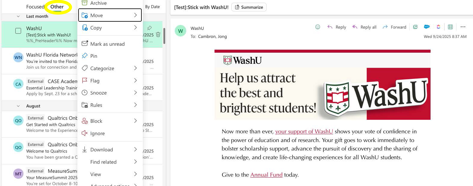 screenshot of Outlook email with Other inbox highlighted