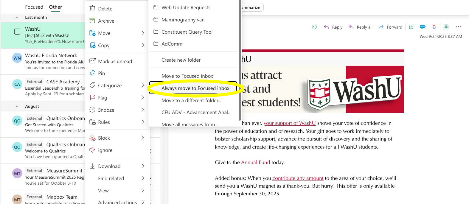 screenshot of Outlook email with always move to focused inbox highlighted