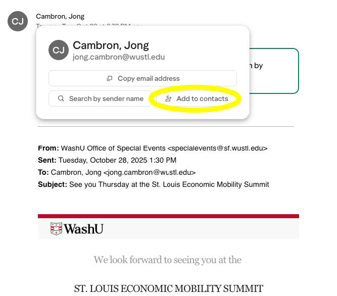 screenshot of Yahoo! mail with add to contacts highlighted