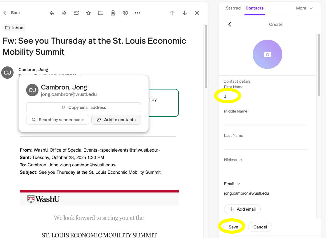 screenshot of Yahoo! email with name and save highlighted